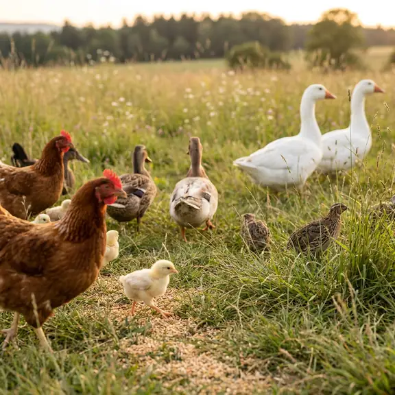 Hühner, Küken, Enten, Gänse und Wachteln auf der Weide